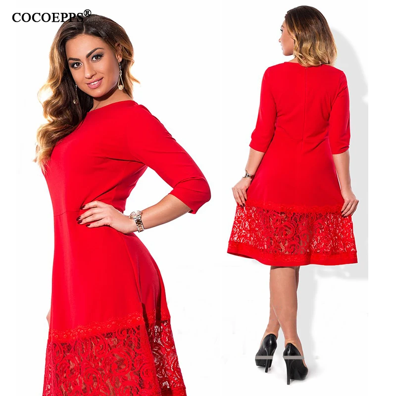 COCOEPPS, новинка, 6XL, большой размер, кружевное цветочное осеннее платье для женщин, а-силуэт, Красного размера плюс, повседневное женское платье, три четверти, Vestidos