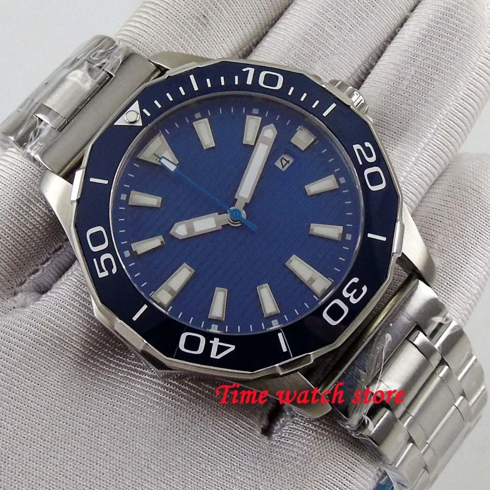 Твердые 45 мм многоугольные мужские часы синий циферблат сапфировое стекло