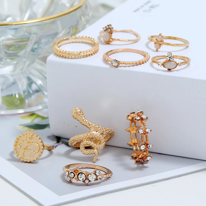 Vintage Snake Shape Animals Style Rings Set Gold Crystal Joint Midi Ring Wedding Party Jewelry Accessories Gifts | Украшения и