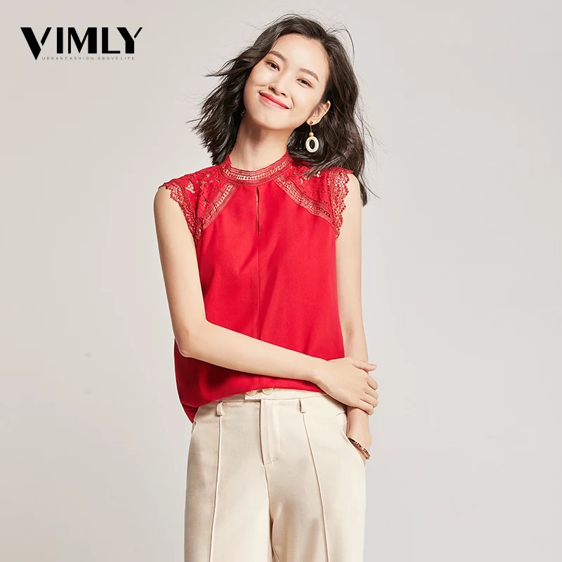 Vimly для женщин шифоновые блузки с кружевом рубашки мальчиков одноцветное без