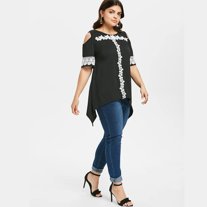 Women Casual Open Shoulder Flower Plus Size Floral Black Short Sleeve Fashion Lace T-shirt | Женская одежда