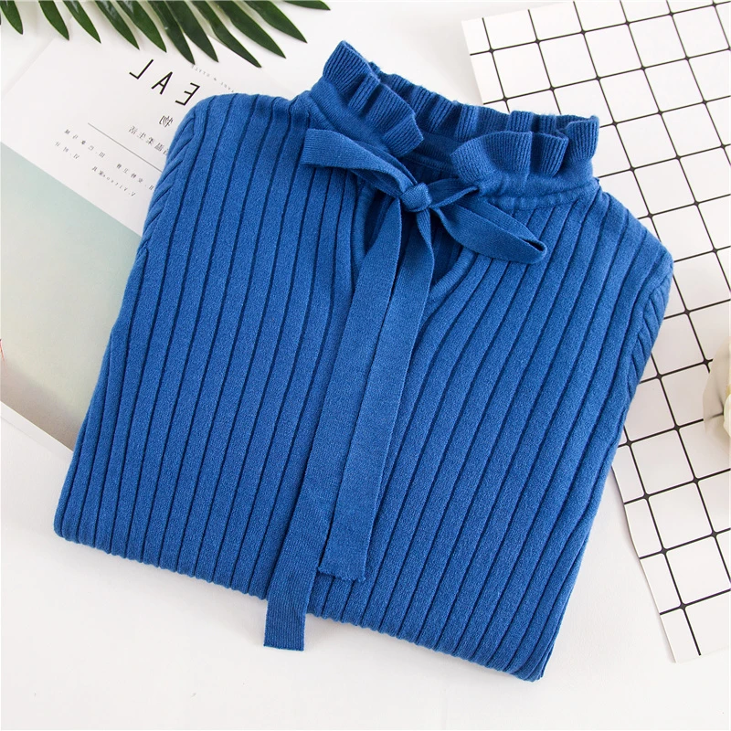 

Winter New Knitted Women Sweater Flare Long Sleeve Winter New Solid Color Knitting Pullover Lace Up Bottoming Shirt Top