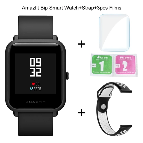 Add 1 Strap 3 Films Оригинальные Смарт-часы Xiaomi Amazfit Bip, фитнес-трекер, gps, умные часы, IP68, водонепроницаемые, 45 дней, срок службы батареи, пульсометр - Цвет: Add 1 Strap 3 Films