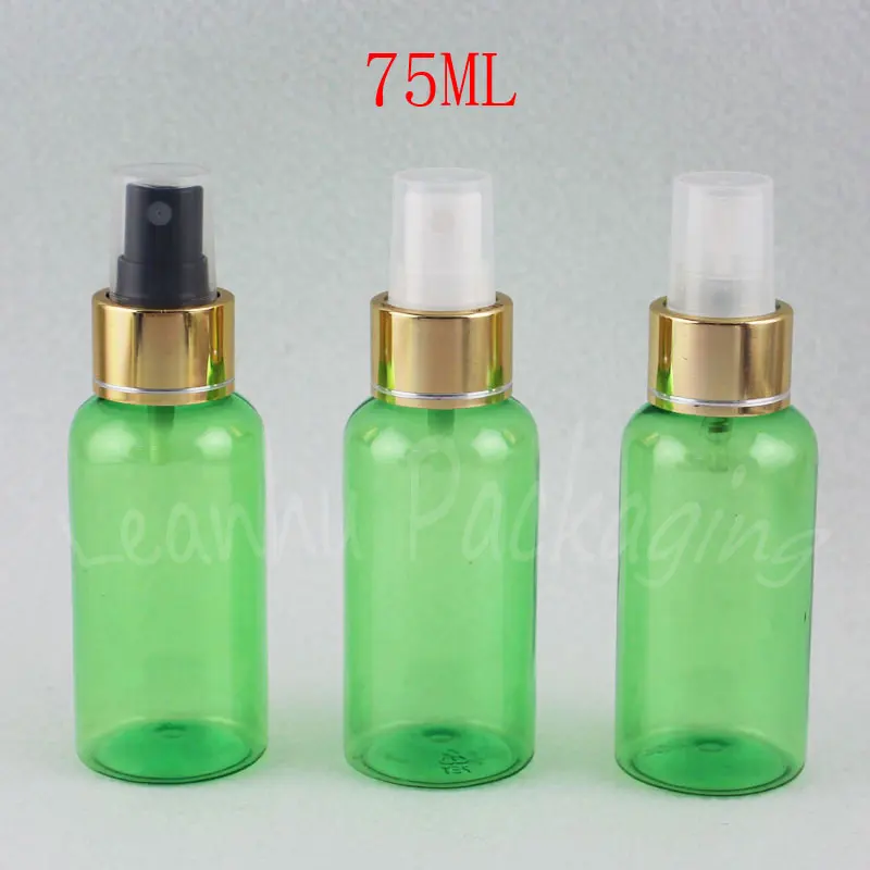 75ML Green Plastic Bottle With Gold Spray Pump , 75CC Makeup Water / Toner Sub-bottling , Empty Cosmetic Container