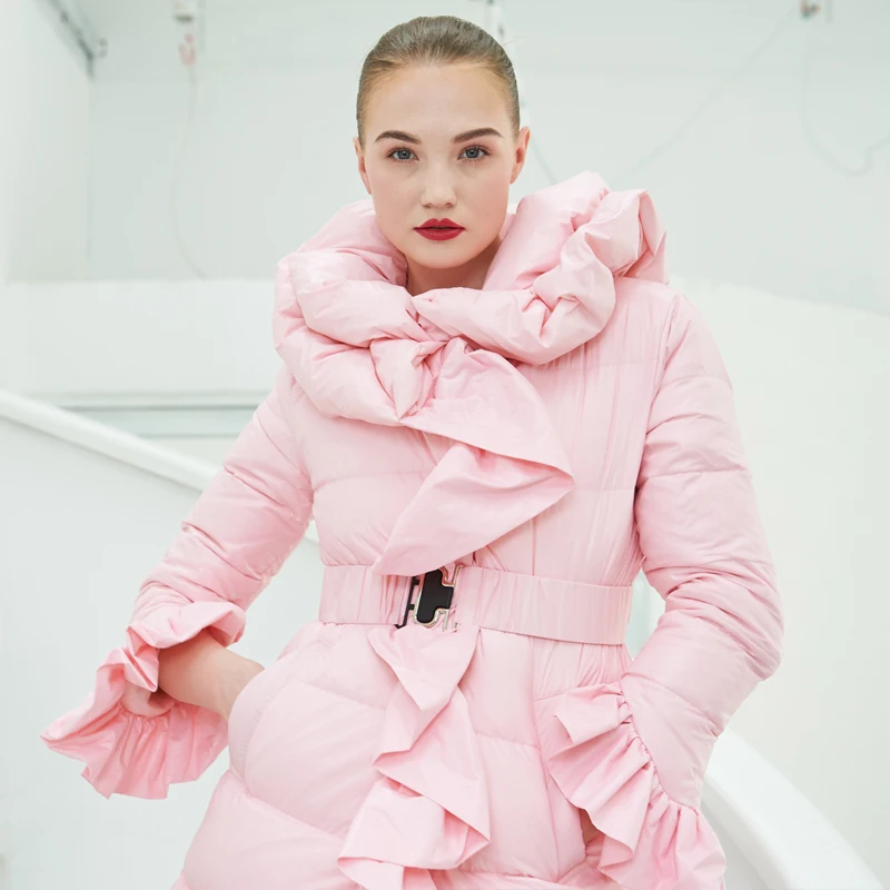 Оборками Элегантный женский пуховик 2018 на осень зиму пальто длинное теплое с