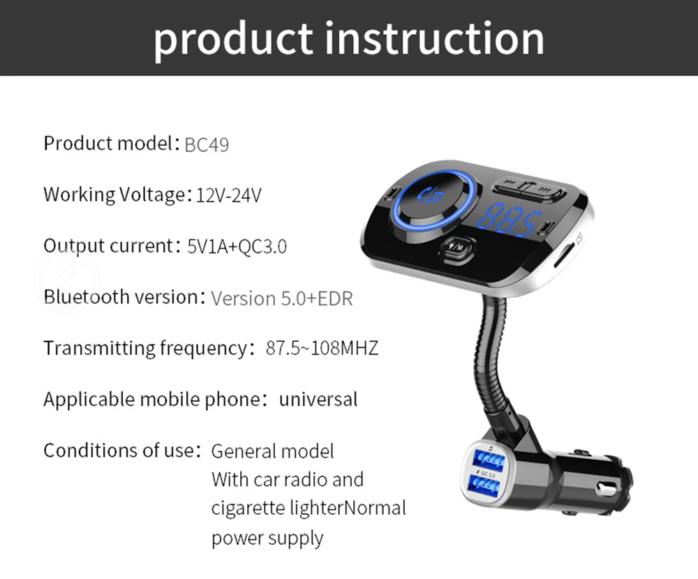 JINSERTA цветной светильник, Большой Цифровой Автомобильный Mp3 плеер, Bluetooth 5,0, fm-передатчик QC3.0, двойное зарядное устройство USB, поддержка AUX, TF карта