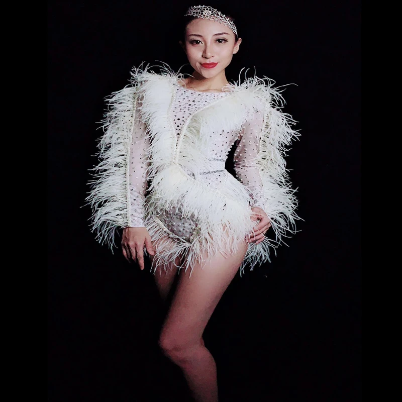 

White Shining Pearls Crystals Feathers Long Sleeve Bodysuit Women Concert Costume Nightclub Dancer Sexy Stage Wear Dance Outfit