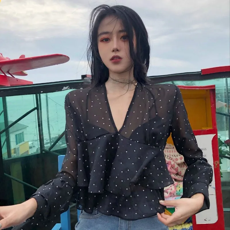 Женская блузка с длинным рукавом V образным вырезом и оборками|Блузки| |