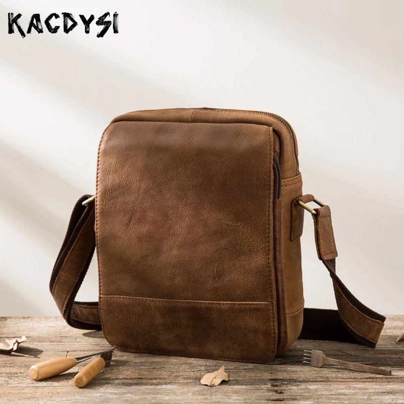 Handmade Genuine Crazy Horse Leather For Men Shoulder Bag Retro Vertical Messenger Bags Leisure Man Male Crossbody Sling |