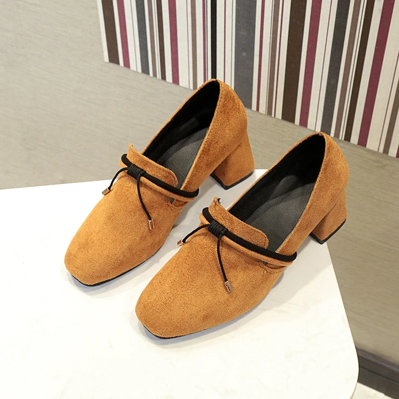Comfortable office women shoes summer suede 2019 new square toe genuine leather medium heel solid shallow size40 | Обувь