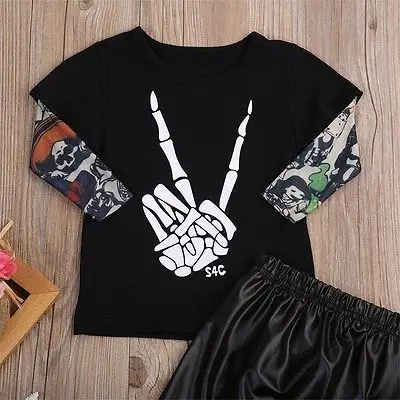 2PCS Skeleton Kids clothes Newborn Toddler Boys T-Shirt Tops+Leather Pants Clothes Set Outfits |