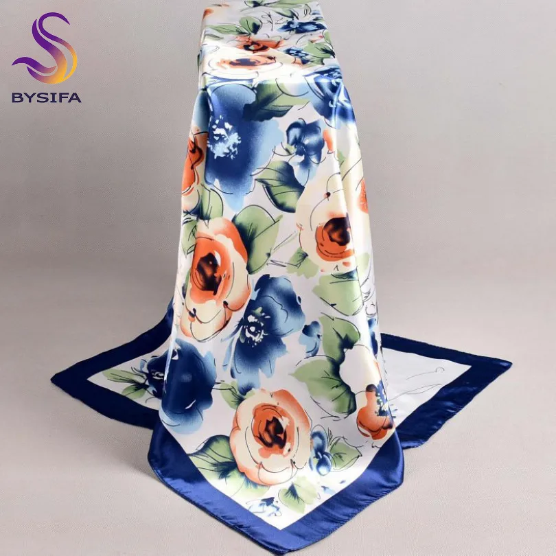 blue roses Lenco женский розовый Шелковый шарф с принтом, 90*90 см многоцветный сатин шарф шаль для дам, модный платок весенние шелковые шарфы - Цвет: blue roses