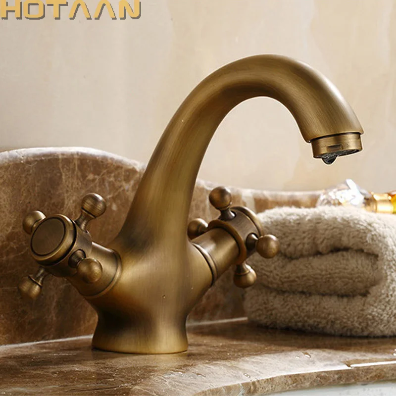 Hotaan-antique Faucet para Cozinha e Banheiro Antique Basin Mixer Tap Double Handle Control Solid Bronze Yt5021