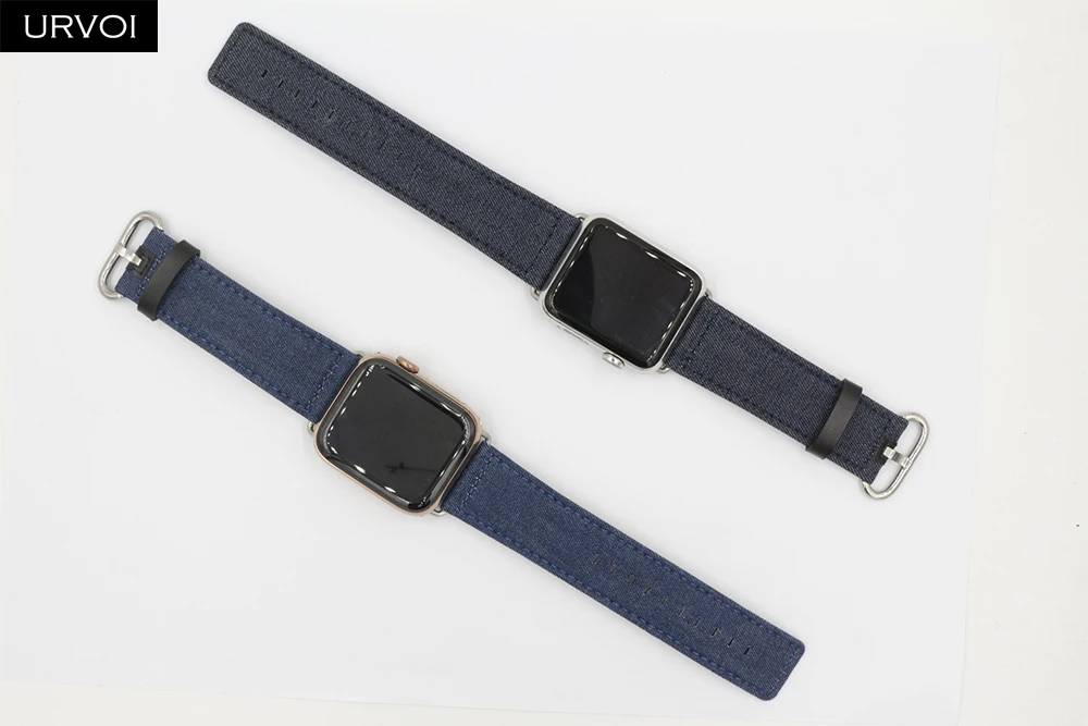 Ремешок URVOI для apple watch series 6/SE/5/4/3/2/1 кожаный браслет из синей джинсовой ткани iwatch