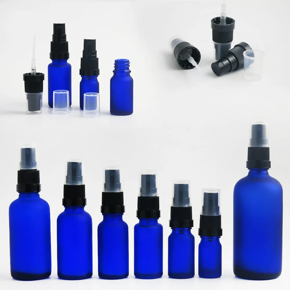

10 x 5ml 10ml 15ml 20ml 30ml 50ml 100ml Frost Blue Glass Essence Oil Bottles With Tamper Evident Spray for Perfume Bottle