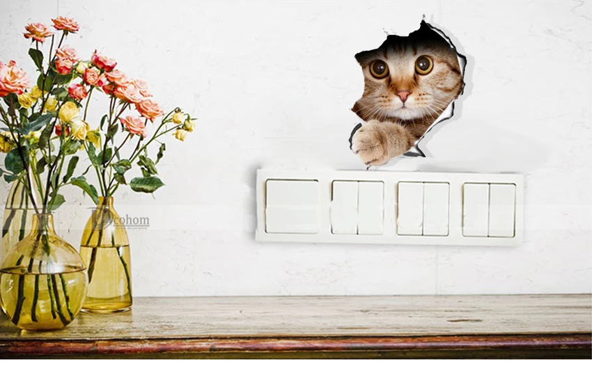 Различные милый котенок Животное мультфильм кошка стикер на стену 3D яркий ребенок детская комната ванная комната декорации пилинг и палка Туалет стикер