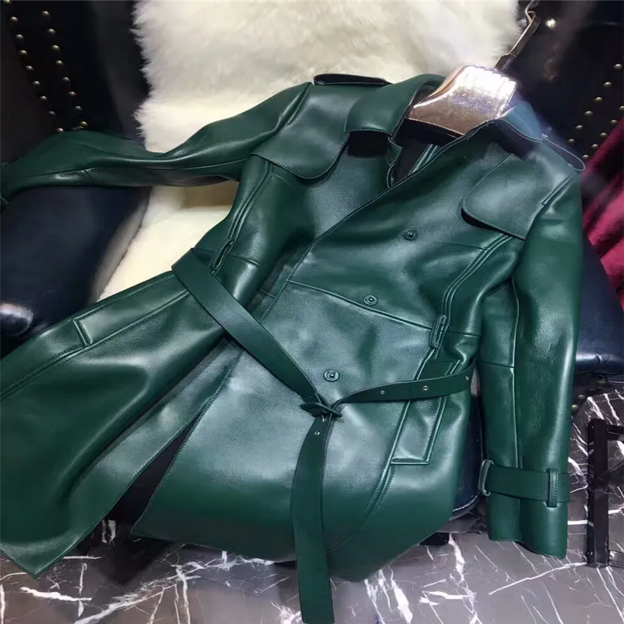 Осенне-зимний Женский Тренч из натуральной кожи длинное пальто овечьей