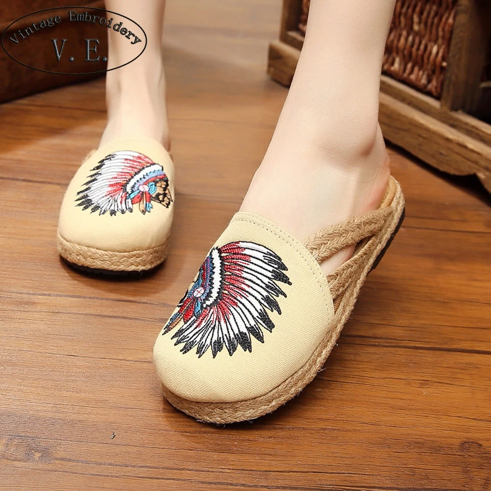Vintage Embroidery Slippers Women Indian Style Embroidered Women's Shoes Spring Autumn Ethnic Flats Woman Linen Home Slipper | Обувь