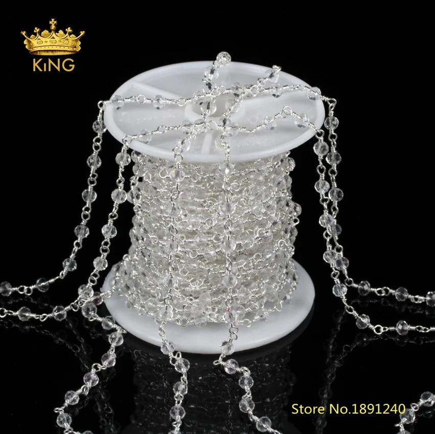 

5meters Rosary Chains in Silver Plating Links Clear Glass Faceted Rondelle Beads Wire Wrapped Glass Chains Findings 3x4mm ZJ188