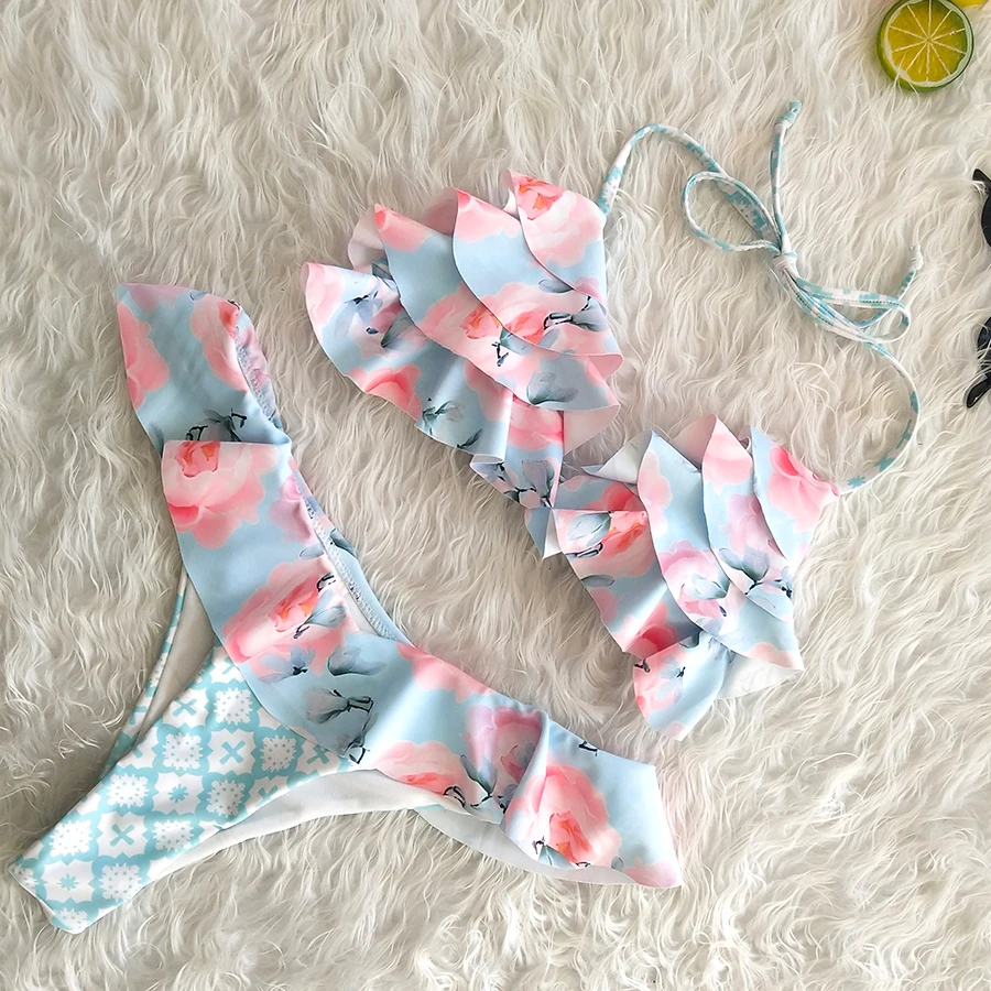 Белый Women Bikini Sets Floral Ruffles Push-up Padded Bra Bikini Halter Tops Thong Bottoms Swimwear Swimsuit Set - Цвет: Белый