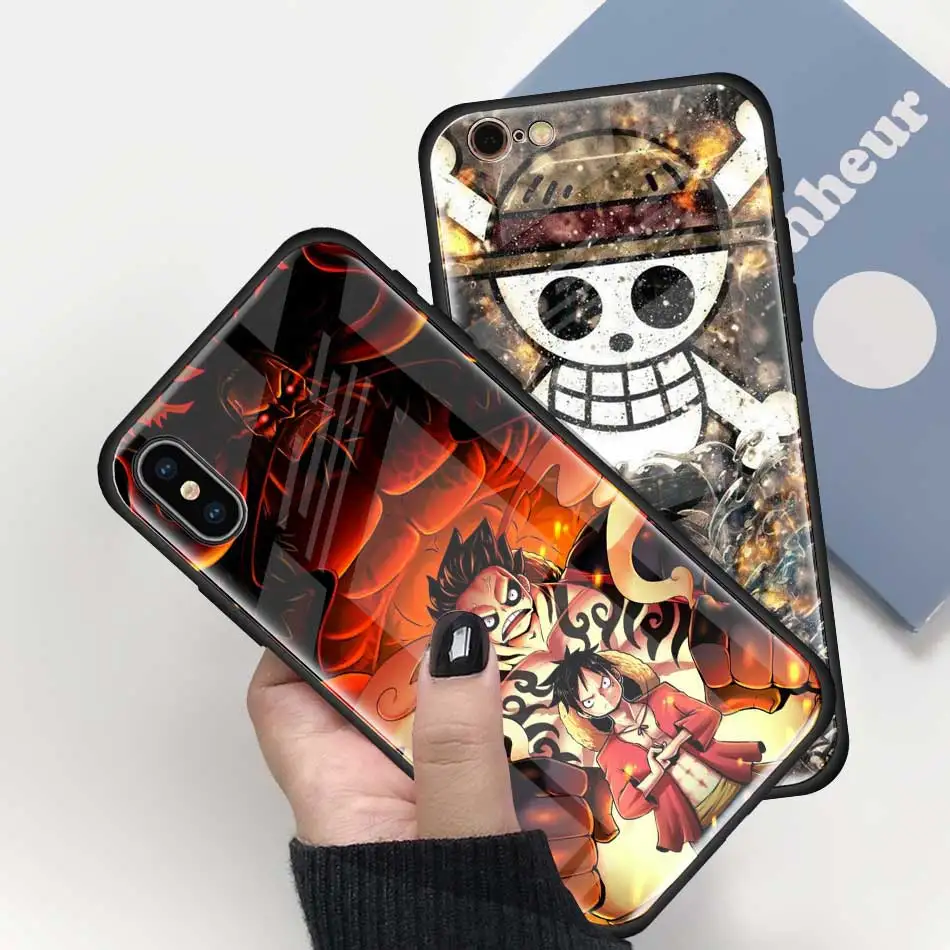 Чехол Из Закаленного Стекла one piece Luffy аниме для Apple iPhone XR 7 8 6 6S Plus 11 Pro X XS MAX черный мягкий чехол для мобильного телефона