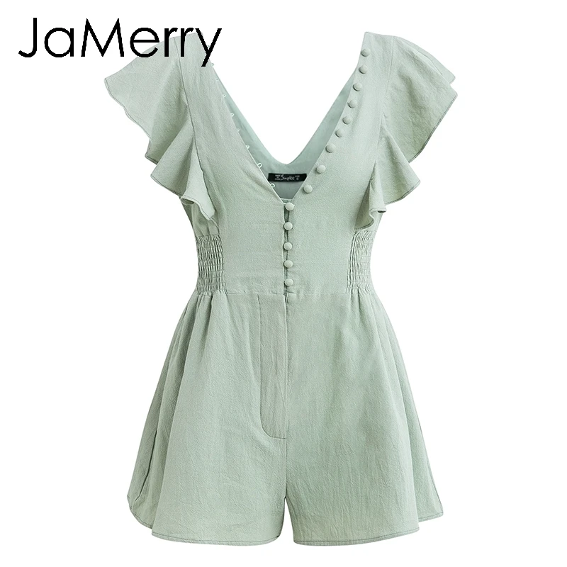 JaMerry винтажный элегантный льняной женский комбинезон с рюшами летний короткий на