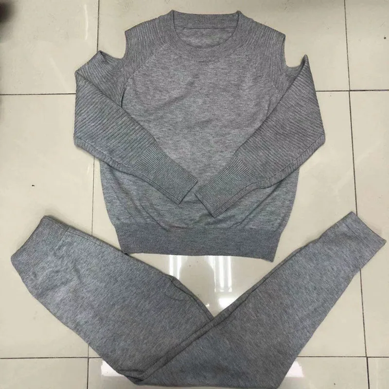 Gray Amolapha, женские зимние спортивные костюмы, повседневные, вязаные, с открытыми плечами, с длинными рукавами, одноцветные пуловеры, длинные штаны, комплекты одежды из двух предметов - Color: Gray