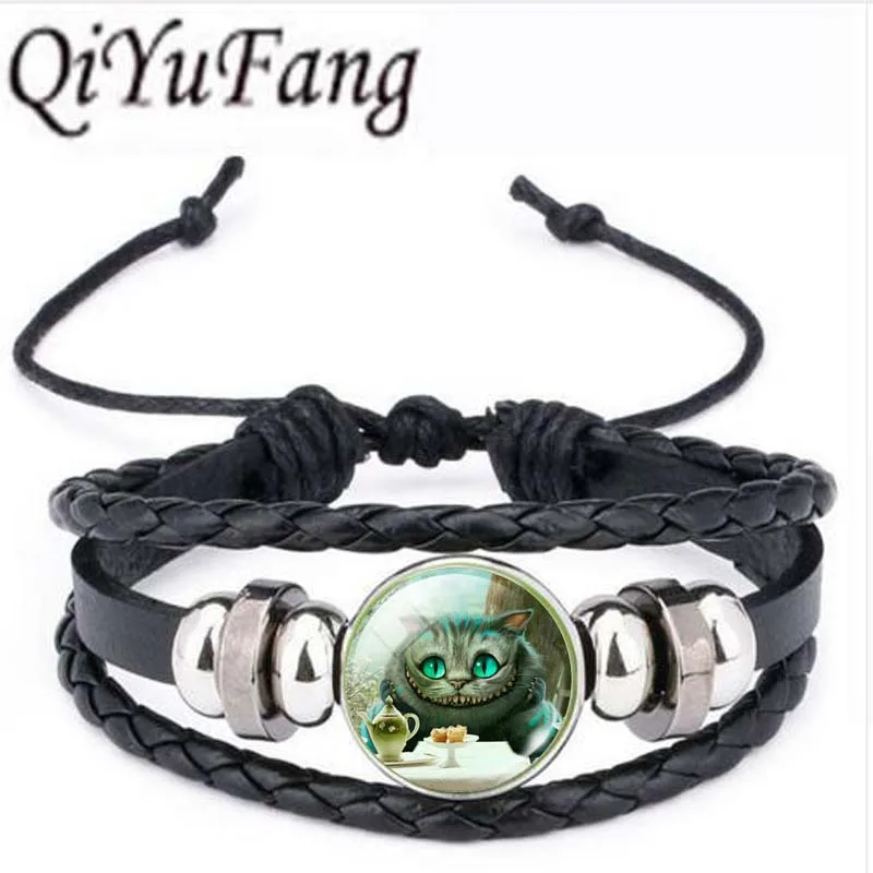 

Qiyufang Statement Bracelet Bangle Cat Air Picture Collares Glass pu leather Cabochon Bracelet Bangle Fine Jewelry 2017