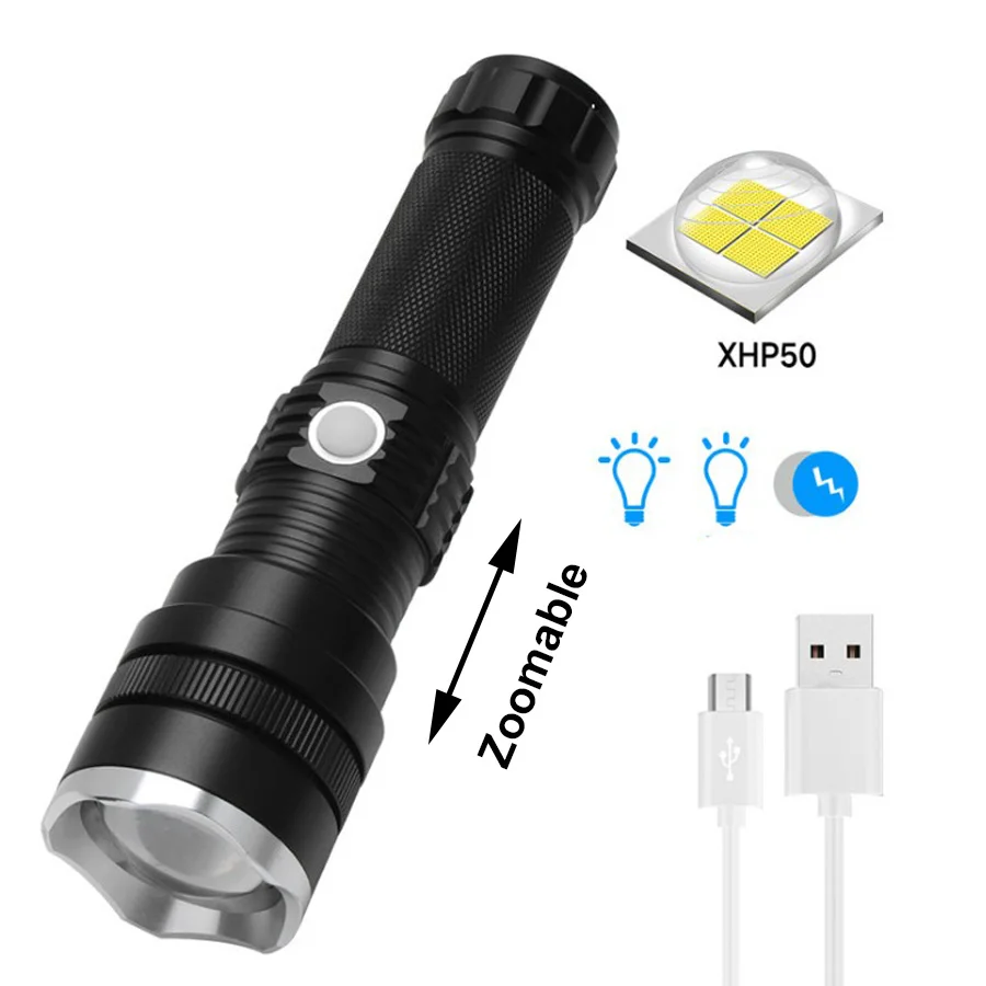 P50 XHP50 светодиодный фонарик Micro USB Перезаряжаемый зум Тактический 26650 18650 батарея