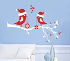 Веселые рождественские птицы с подарком на ветках Настенная Наклейка Декор XMAS972