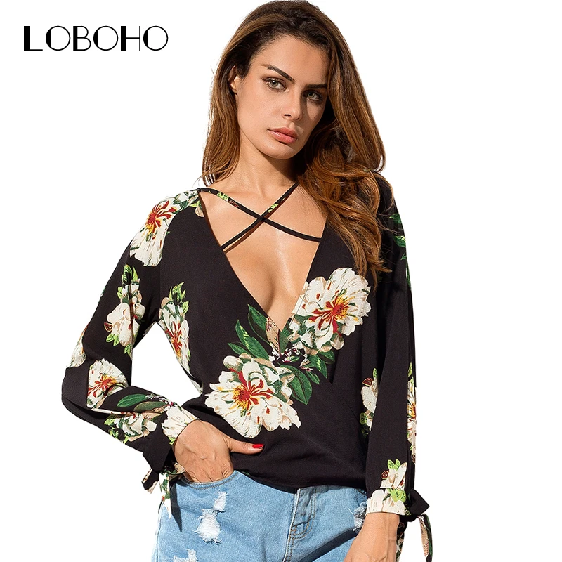 Цветочный принт шифон блузки Для женщин Мода 2017 г. Повседневное Осень Топы с