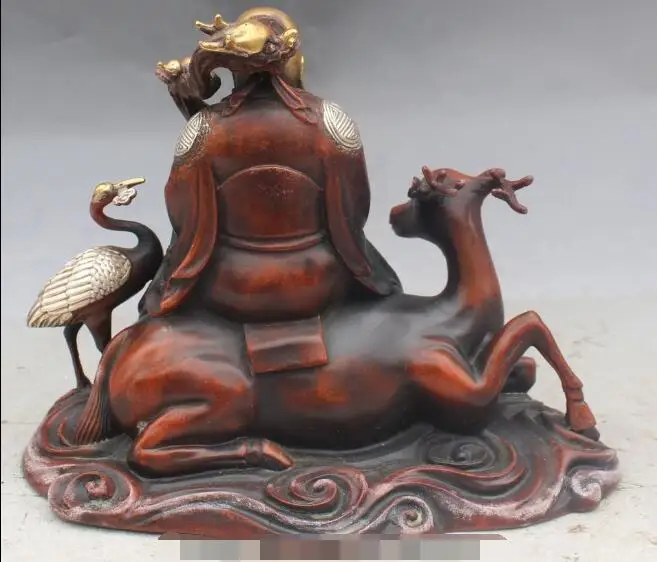 

S01053 9"China Purple Bronze Gilt Ride Deer Shou Star Longevity God Crane Buddha Statue