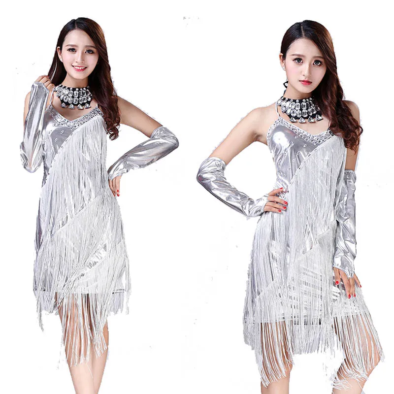 

2022 New silvery Latin Dance Dress For Women Lady Sexy Backless Cotton Practice Clothes Ballroom Cha Cha Salsa Skirt flamengo