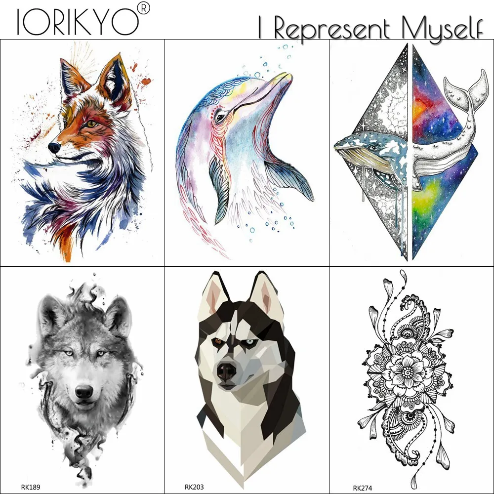 

IORIKYO Cute Dolphin Temporary Tattoo Stickers 3D Husky Men Flash Tatoos Arm Whale Women Waterproof Tribal Fox Flower Makeup Tip