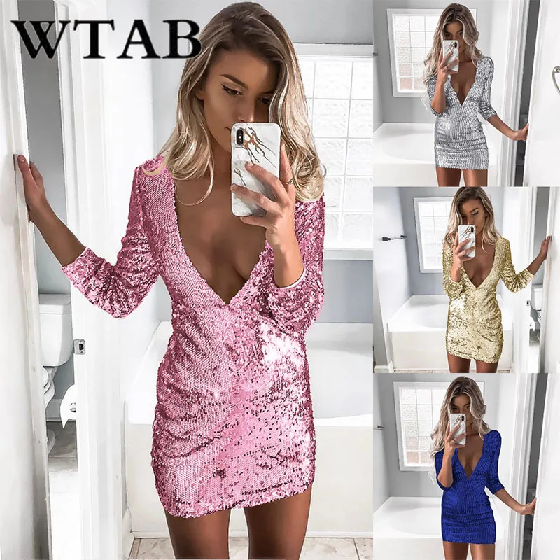 WTAB vestido Женское зимнее платье с блестками 2018 сексуальное глубоким v образным