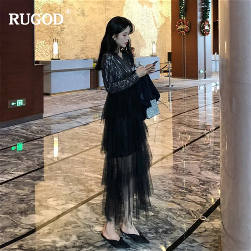 Женское платье миди RUGOD повседневное Сетчатое платье-пачка с v-образным вырезом и