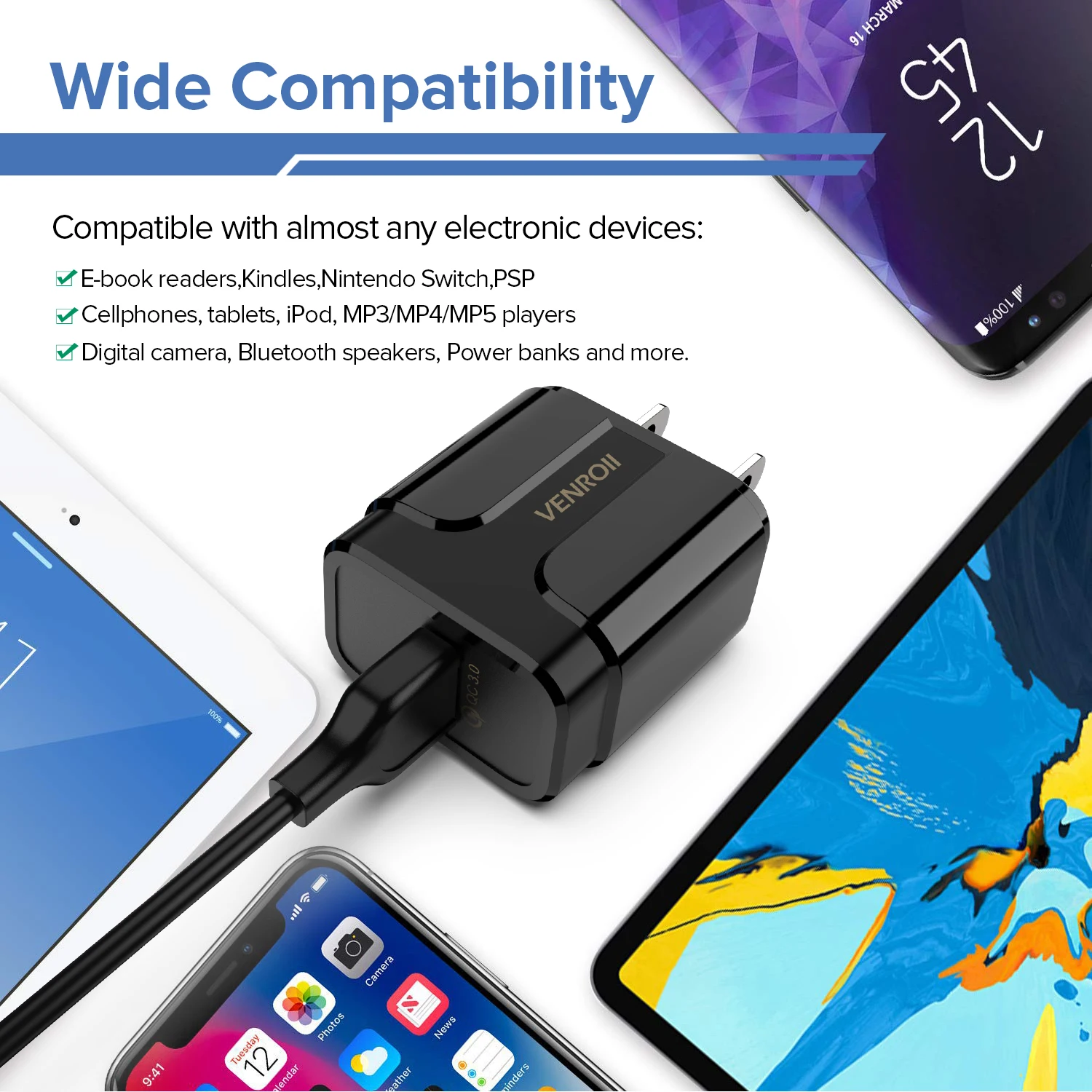 Venroii 5 в 3 А USB зарядное устройство Quick Charge 3,0 EU US Разъем для iPhone X Быстрая зарядка для samsung S9 Xiaomi Mi 8 адаптер для мобильного телефона