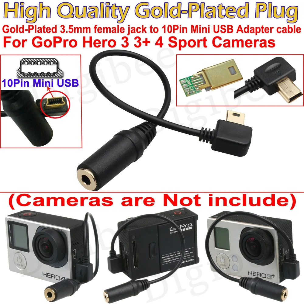 1 шт. позолоченный 3 5 мм аудио разъем для 10Pin Мини USB адаптер кабель GoPro Hero + 4 камеры