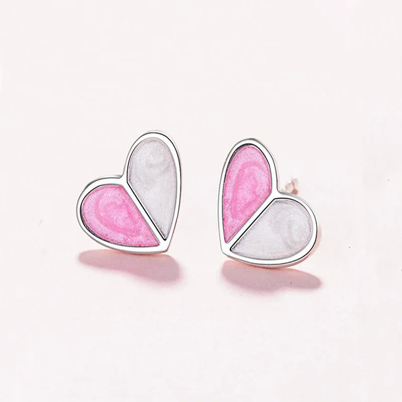 

Women Fashion 925 Silver White Pink Enamel Heart Stud Earrings For Girl Female Simple Summer Party Earring Gift Jewelry ED554