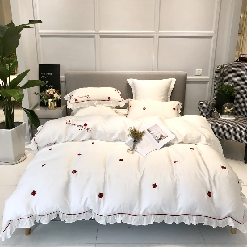 

White Pink Tencel Egyptian cotton Embroidery Bedding sets Queen King Tribute Silk Duvet cover Bed sheet set Pillowcases 4/6pcs