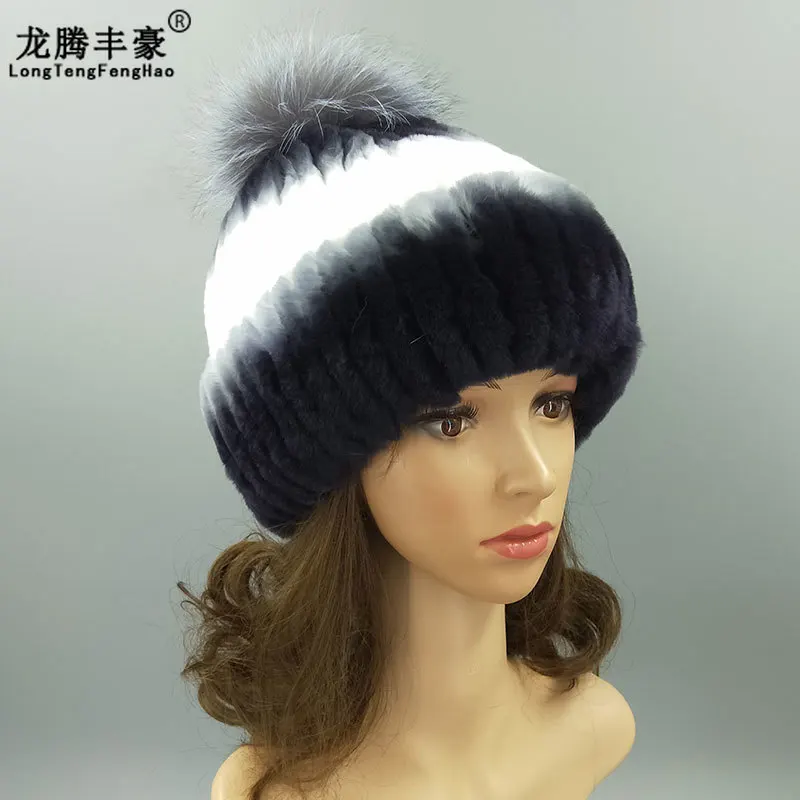

Women Rex Rabbit Fur Hat With Real Fox Fur Ball Winter Hats Beanies Cap Hand Sewing Warm Skullies Gradient Elastic Lady Headwear