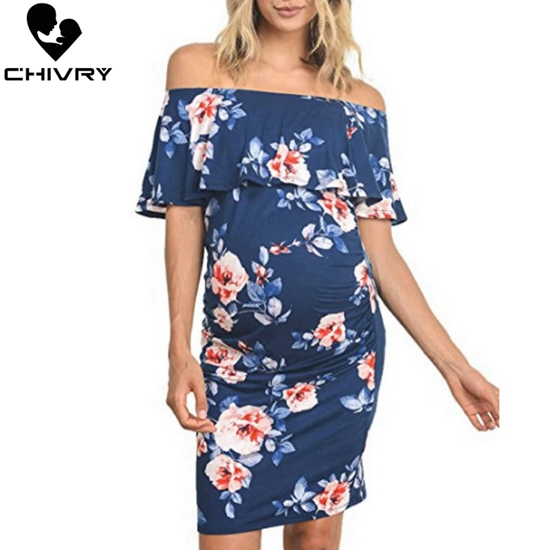 

Женское платье для беременных Chivry, сексуальное платье с вырезом лодочкой и цветочным принтом, платье с оборками, Одежда для беременных, 2019