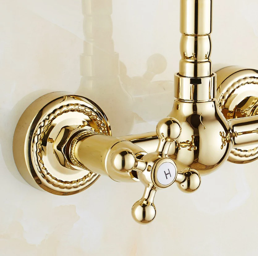 Роскошный латунный настенный смеситель для раковины золотого цвета двойная