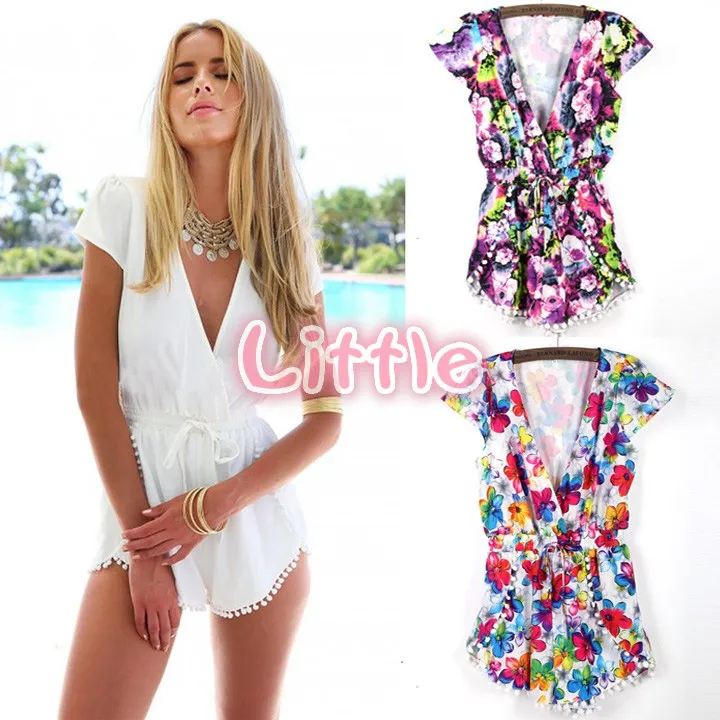 Hot Sale Rompers jumpsuit female 2014 Summer Sexy Short Jumpsuit Deep V neck With Small Ball Beach Playsuits B2# 41|jumpsuit pattern|jumpsuits
