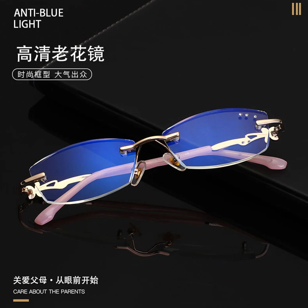 

2019 Limited Luxury Diamond Cut Frameless Anti-blue Light Rimless Women Reading Glasses +0.75 +1.25 +1.5 +2.00 +1.75 To +4