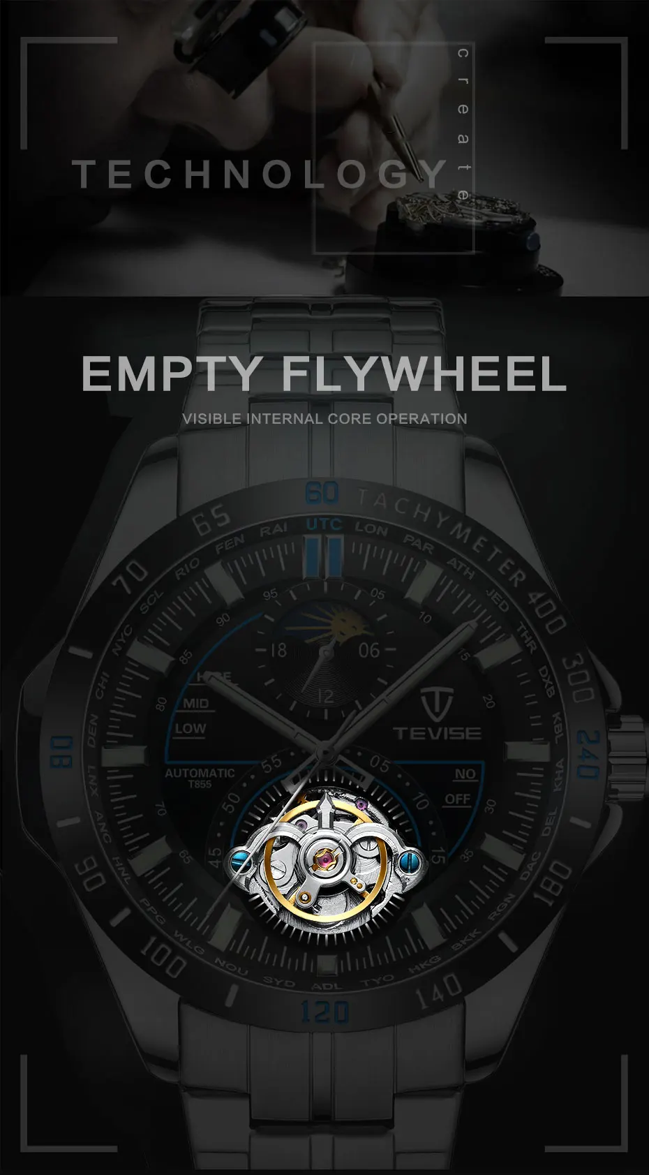 TEVISE Fashion Mens Skeleton Tourbillon Business Stainless steel Watches Men Automatic Mechanical Wristwatch Relogio Masculino
