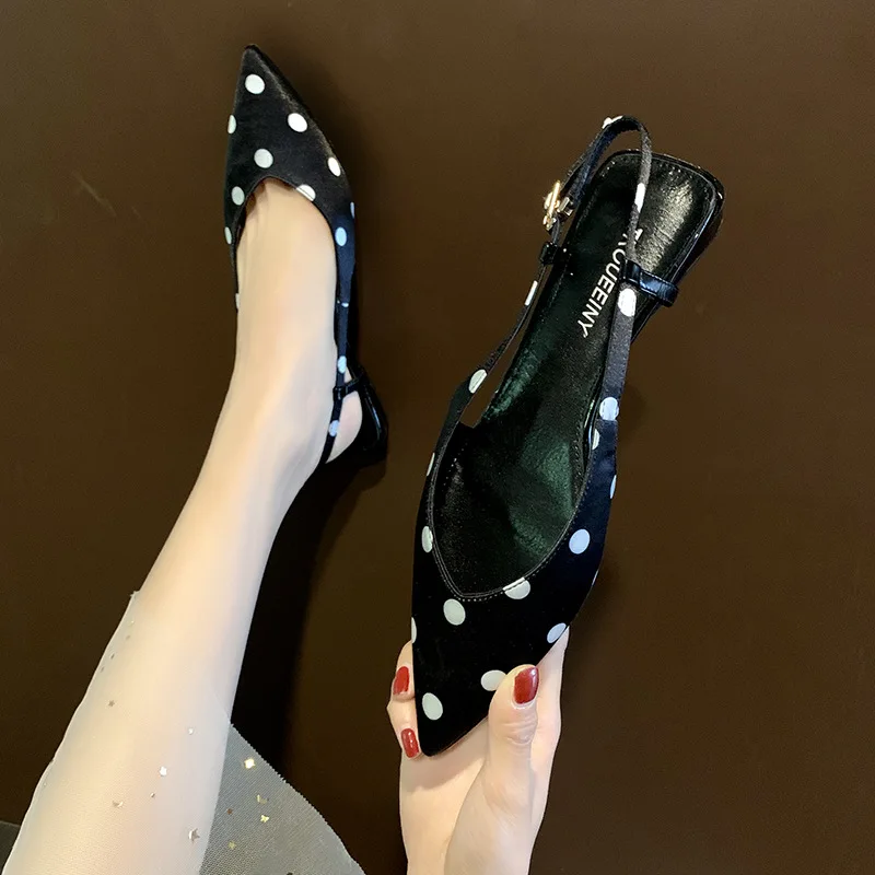 Летние женские босоножки в горошек на плоской подошве обувь с пряжкой тапочки