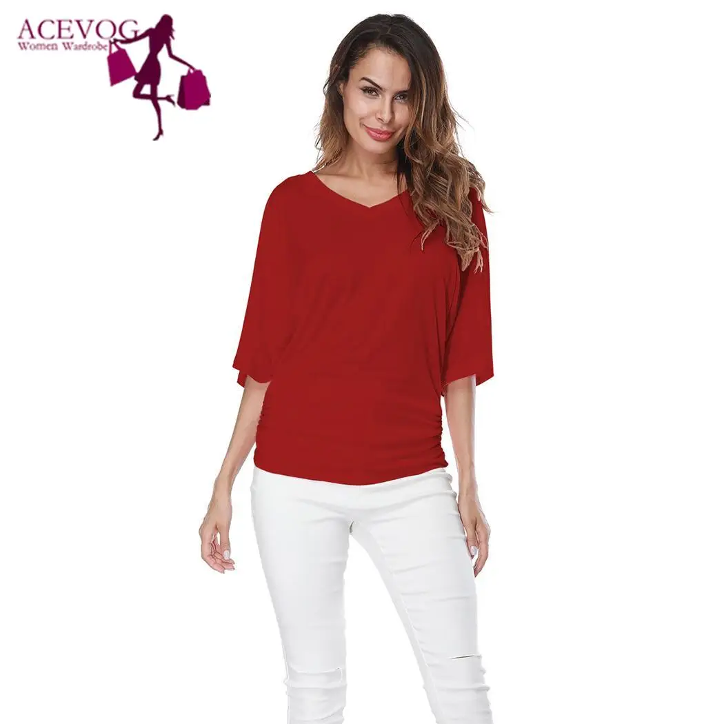 Women Summer Flare Sleeve Casual Loose Short V Neck T-shirt Solid Color Design Fashion Top | Женская одежда