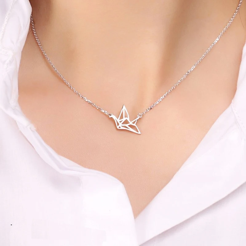 Origami Crane Pendant Necklace Gold-color Charm for Women Fashion Jewelry Wholesale Thanksgiving gifts | Украшения и аксессуары