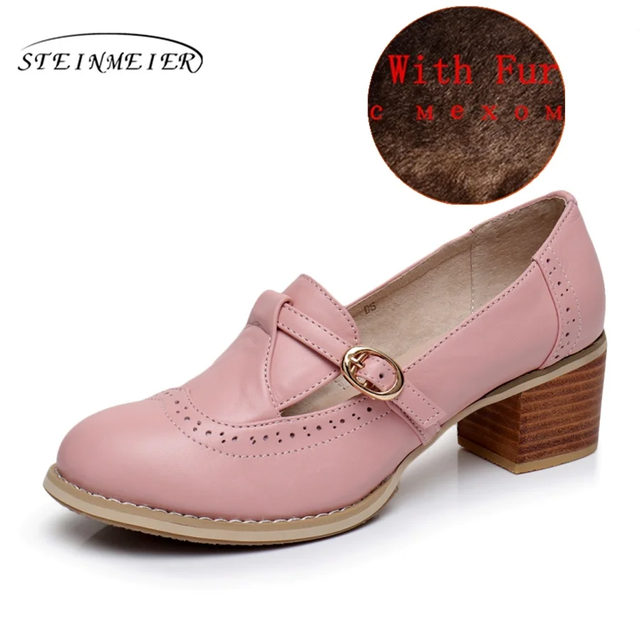 pink with fur Из натуральной коровьей кожи с перфорацией типа «броги»; Повседневная Дизайнерская Женская обувь в винтажном стиле; женские лодочки, сандалии, обувь ручной работы женские туфли-оксфорды с меховой подкладкой, черные - Цвет: pink with fur